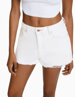 BERSHKA Short denim vintage déchiré Bleu clair Discount
