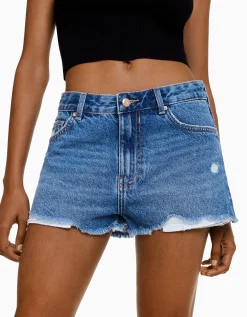 BERSHKA Short denim vintage déchiré Bleu clair Outlet