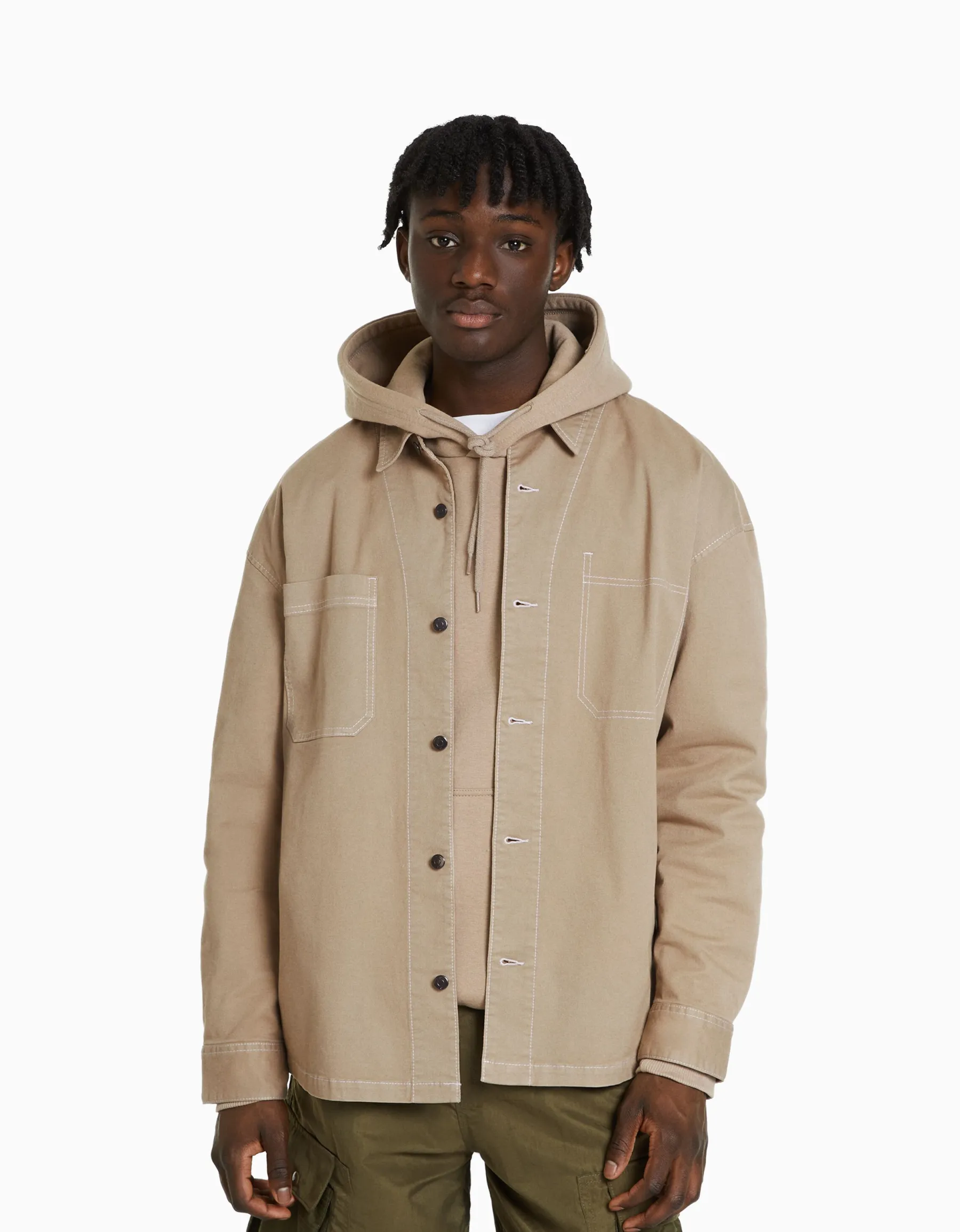 BERSHKA Surchemise coton fil contraste Sable Outlet