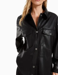 BERSHKA Surchemise en similicuir Noir Cheap