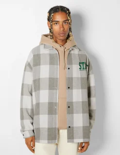 BERSHKA Surchemise flanelle à carreaux Gris Sale