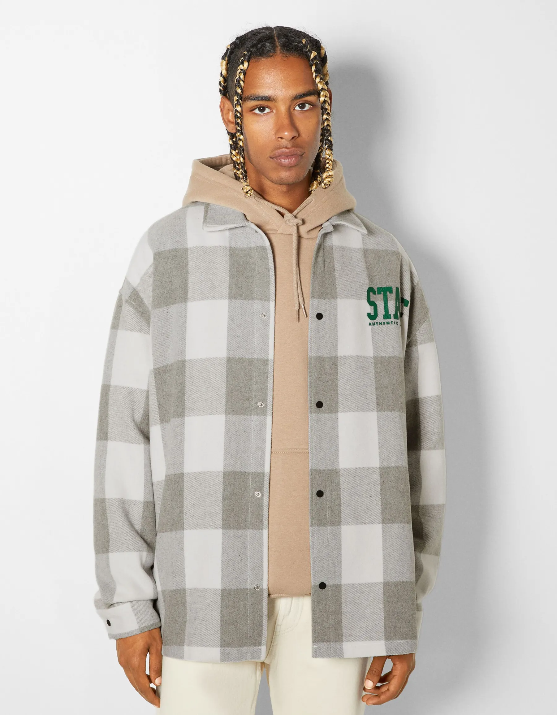 BERSHKA Surchemise flanelle à carreaux Gris Sale