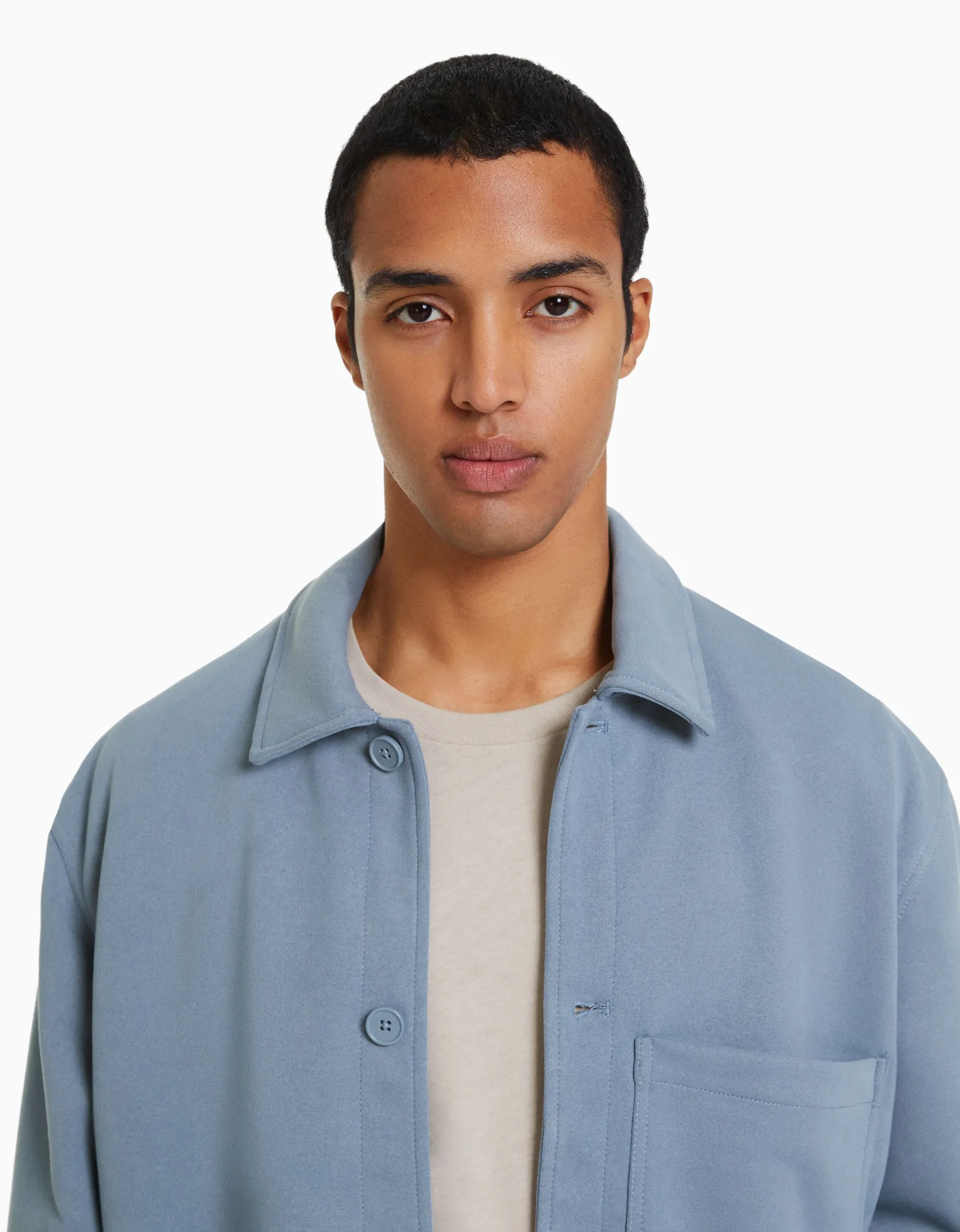 BERSHKA Surchemise imitation daim Bleu Sale
