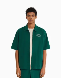 BERSHKA Surchemise manches courtes toile zippée Vert Cheap