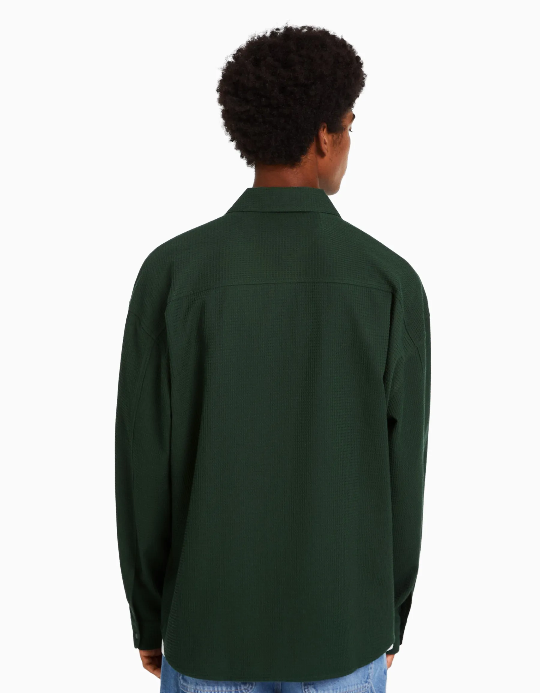 BERSHKA Surchemise manches longues gaufrée boutons-pression Vert Clearance