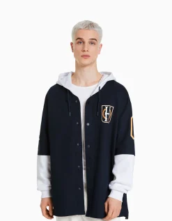 BERSHKA Surchemise manches longues capuche varsity molleton Marine Discount