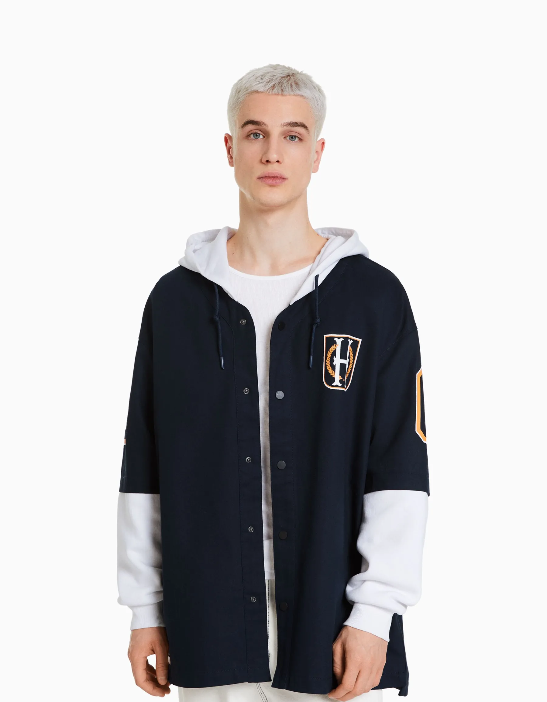 BERSHKA Surchemise manches longues capuche varsity molleton Marine Discount