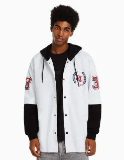 BERSHKA Surchemise molleton capuche manches longues Blanc cassé Cheap