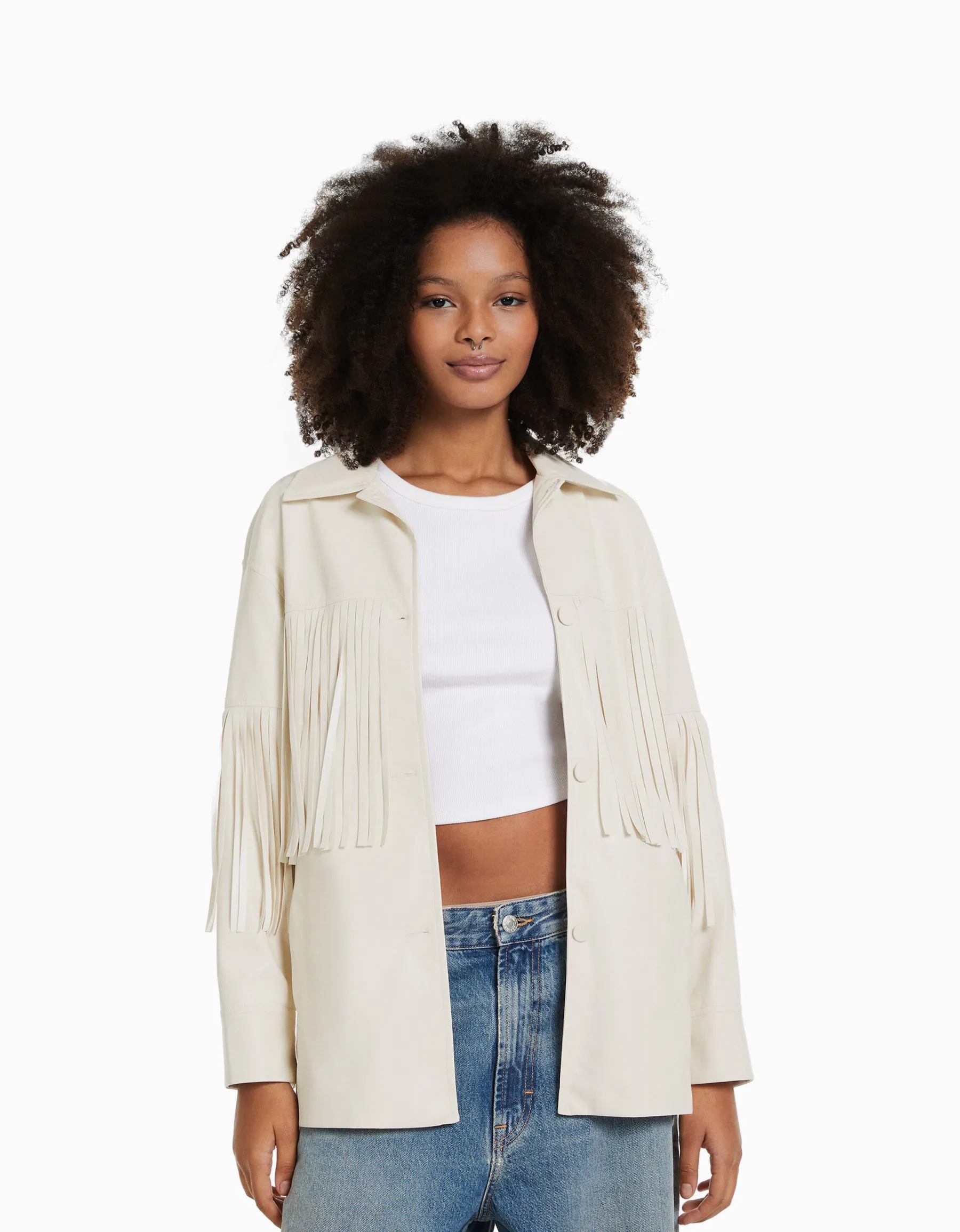 BERSHKA Surchemise similicuir franges Écru Online
