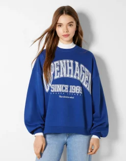 BERSHKA Sweat ample imprimé Écru Online