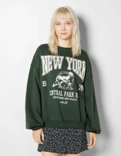 BERSHKA Sweat ample imprimé Écru Hot