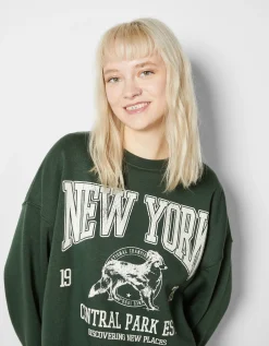 BERSHKA Sweat ample imprimé Écru Hot