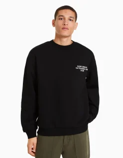 BERSHKA Sweat ample imprimé Noir Cheap