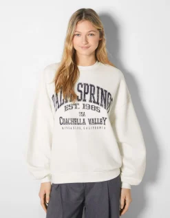 BERSHKA Sweat ample imprimé Écru Shop