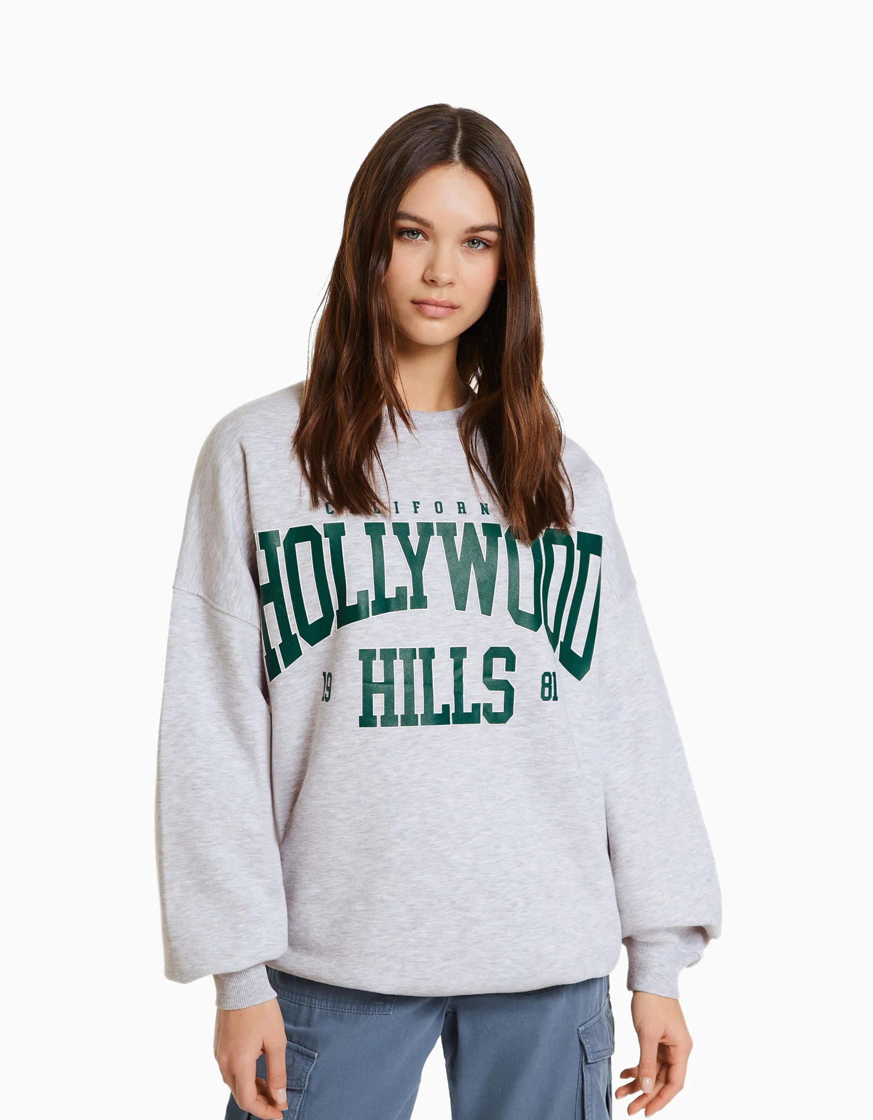BERSHKA Sweat ample imprimé Bleu clair Store