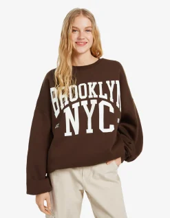 BERSHKA Sweat ample imprimé Bleu clair Cheap
