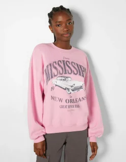 BERSHKA Sweat ample imprimé Écru Discount
