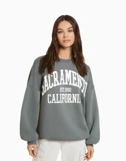 BERSHKA Sweat ample imprimé Bleu clair Clearance