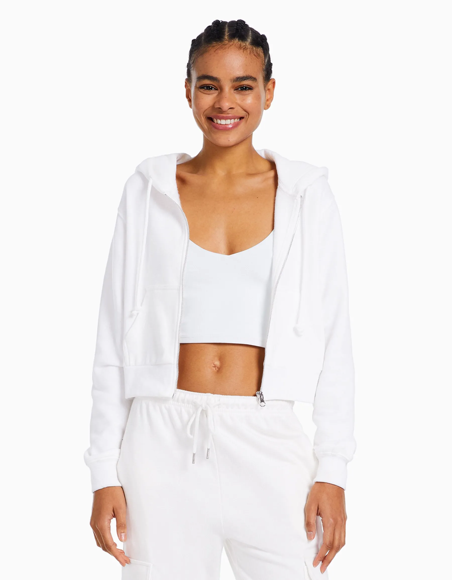 BERSHKA Sweat capuche cropped fermeture Éclair Blanc Discount
