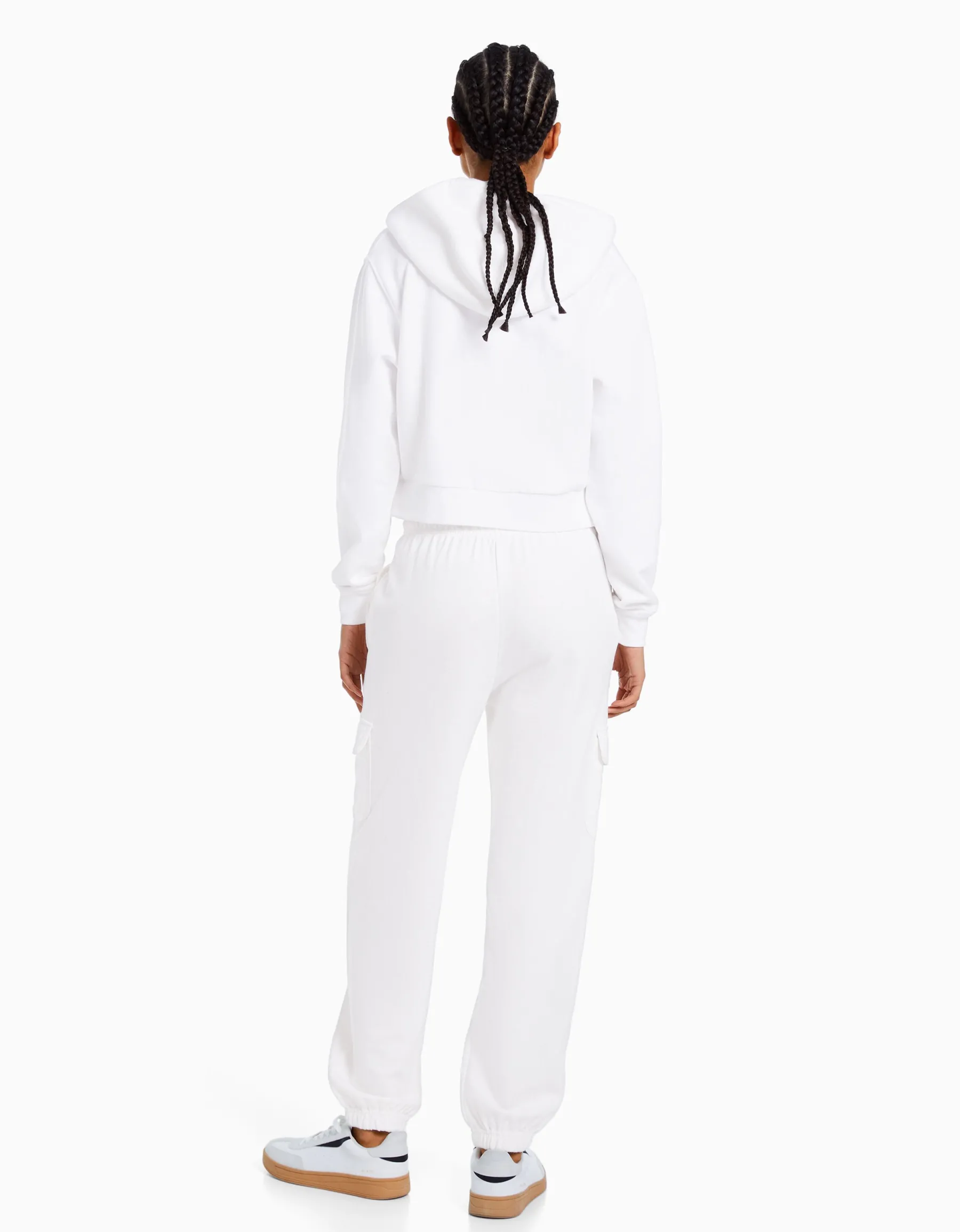 BERSHKA Sweat capuche cropped fermeture Éclair Blanc Discount