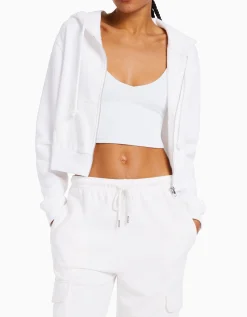 BERSHKA Sweat capuche cropped fermeture Éclair Blanc Discount