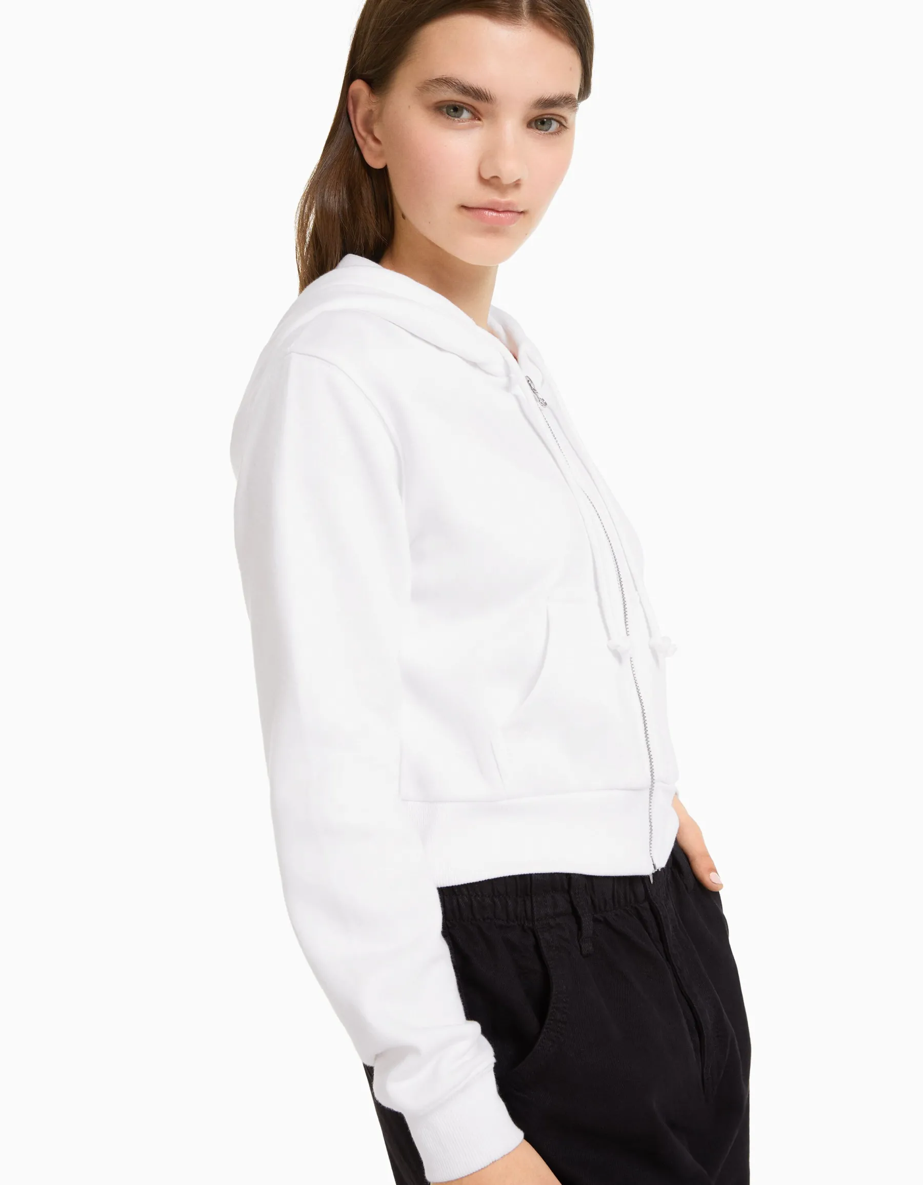 BERSHKA Sweat capuche cropped fermeture Éclair Blanc Store