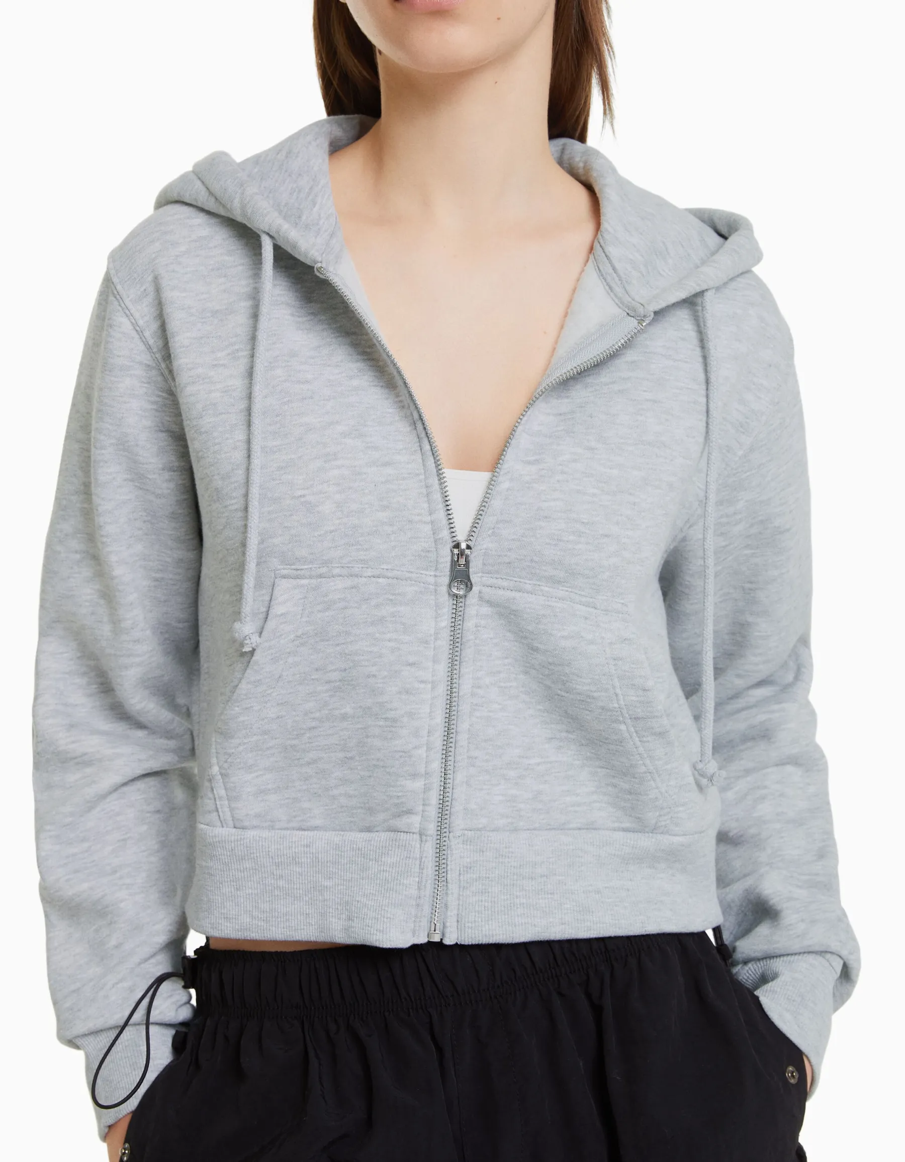BERSHKA Sweat capuche cropped fermeture Éclair Gris Online