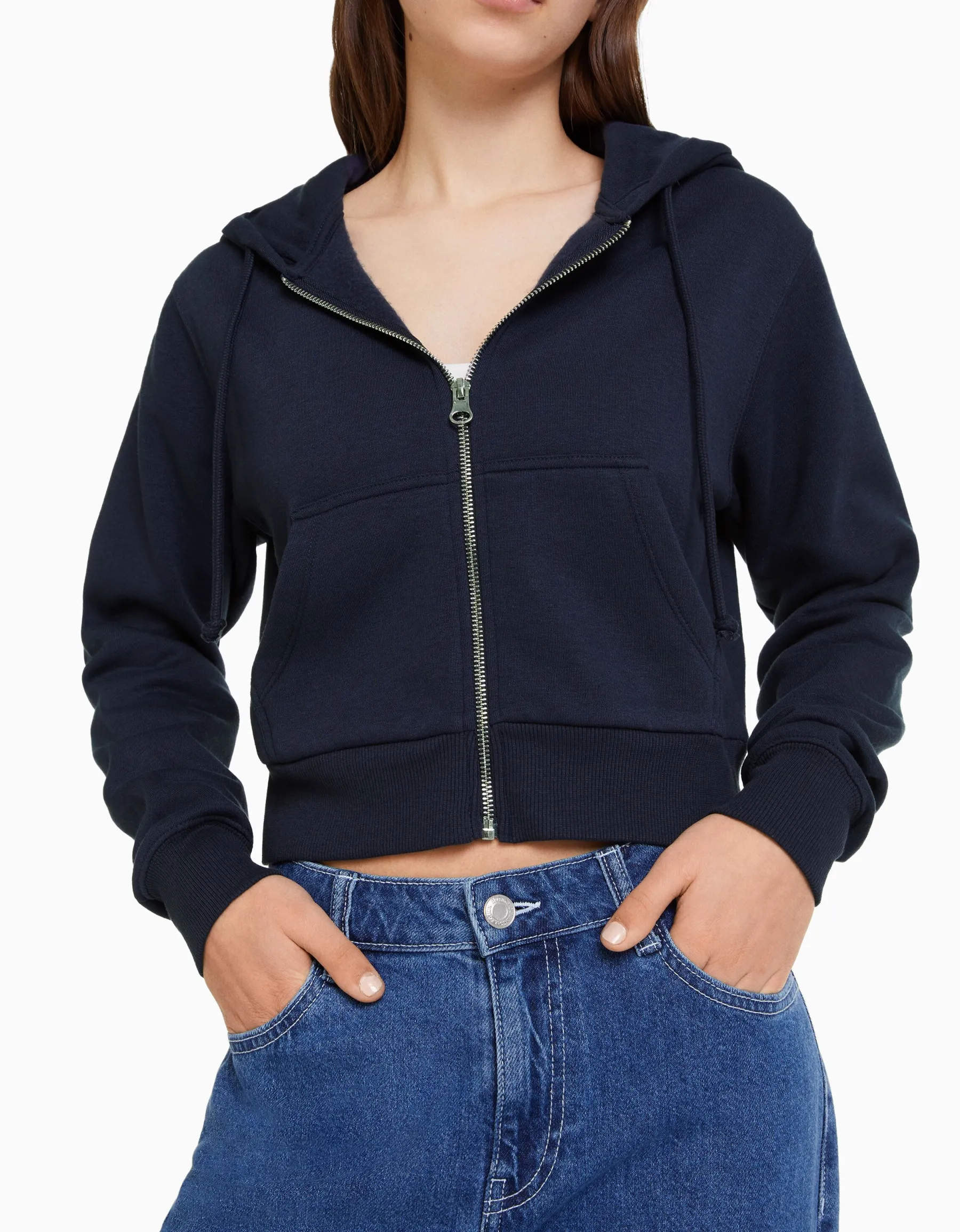 BERSHKA Sweat capuche cropped fermeture Éclair Marine Outlet
