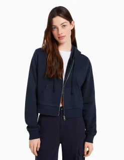 BERSHKA Sweat capuche cropped fermeture Éclair Marine Cheap