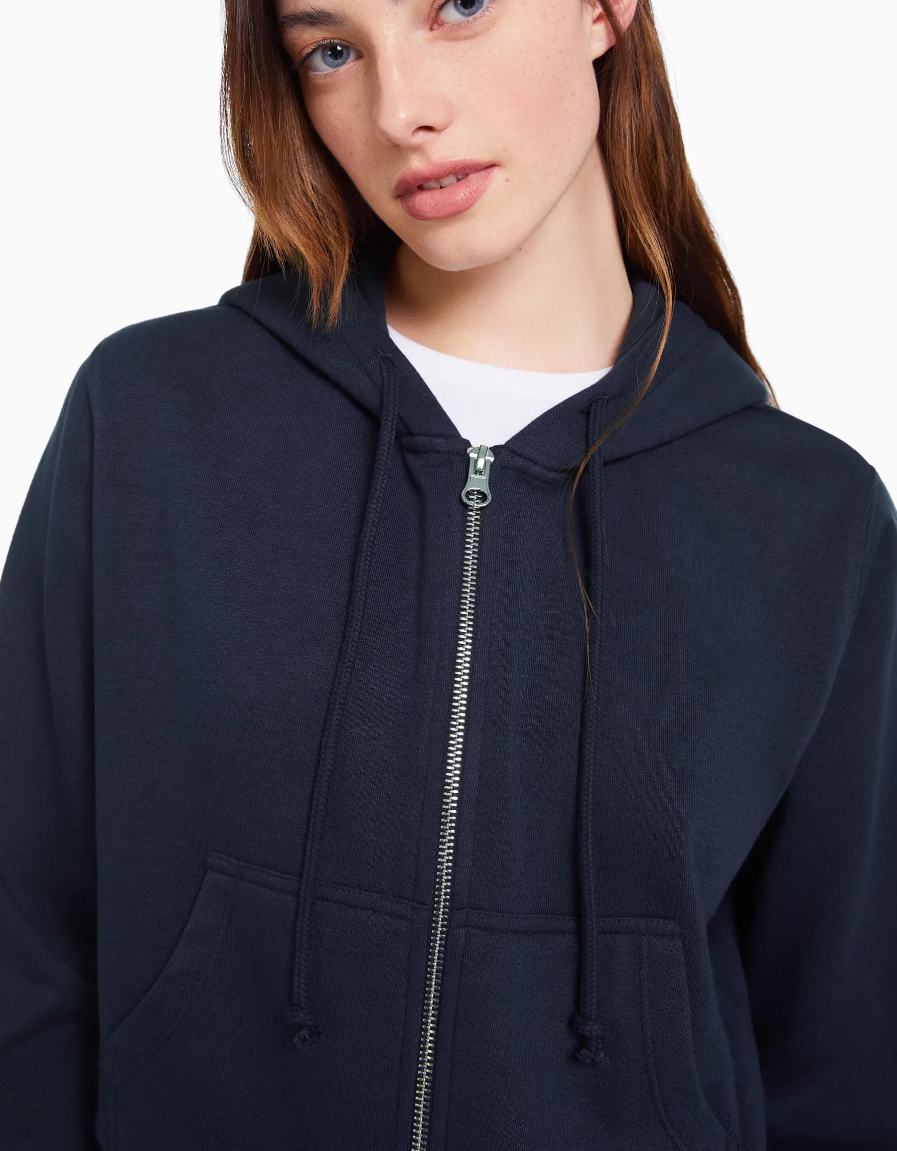 BERSHKA Sweat capuche cropped fermeture Éclair Marine Sale