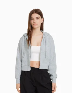 BERSHKA Sweat capuche cropped fermeture Éclair Gris Sale