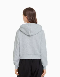 BERSHKA Sweat capuche cropped fermeture Éclair Gris Sale