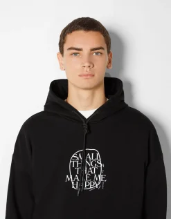 BERSHKA Sweat capuche easy fit imprimé Noir Shop