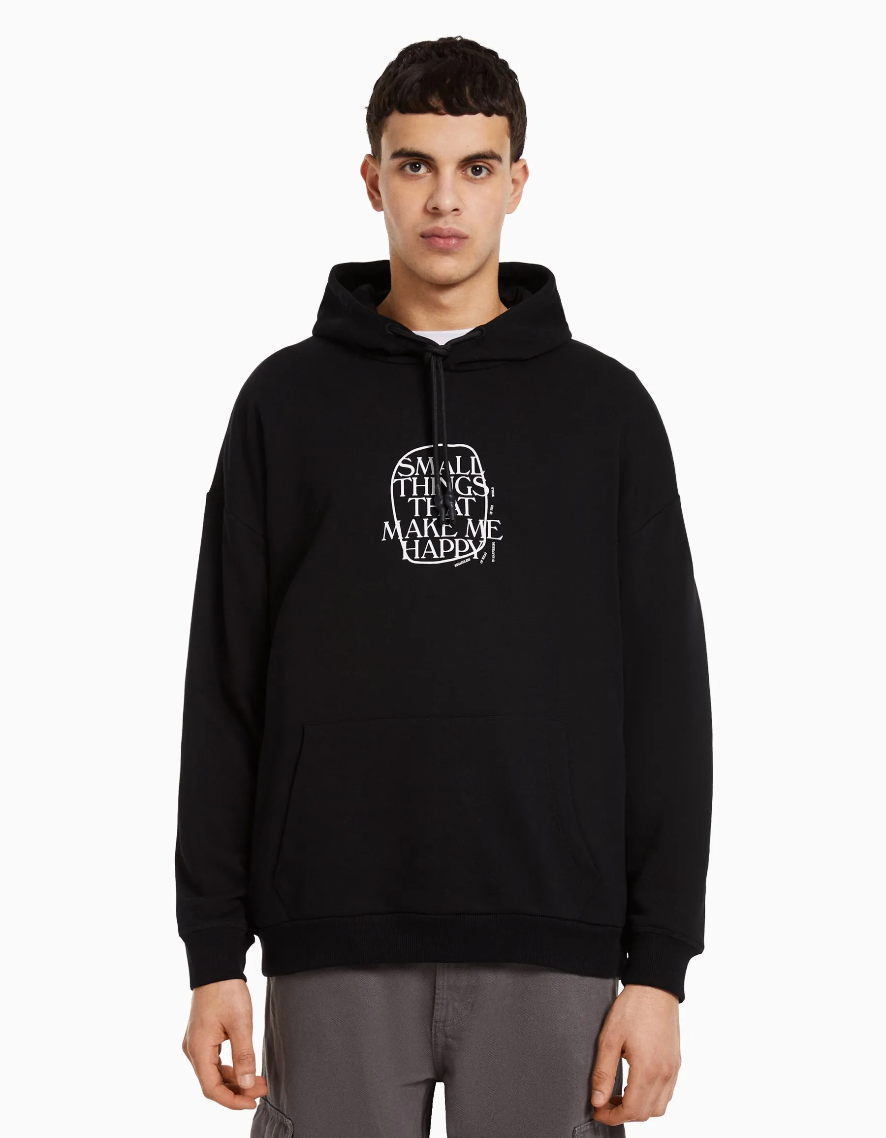 BERSHKA Sweat capuche easy fit imprimé Noir Hot
