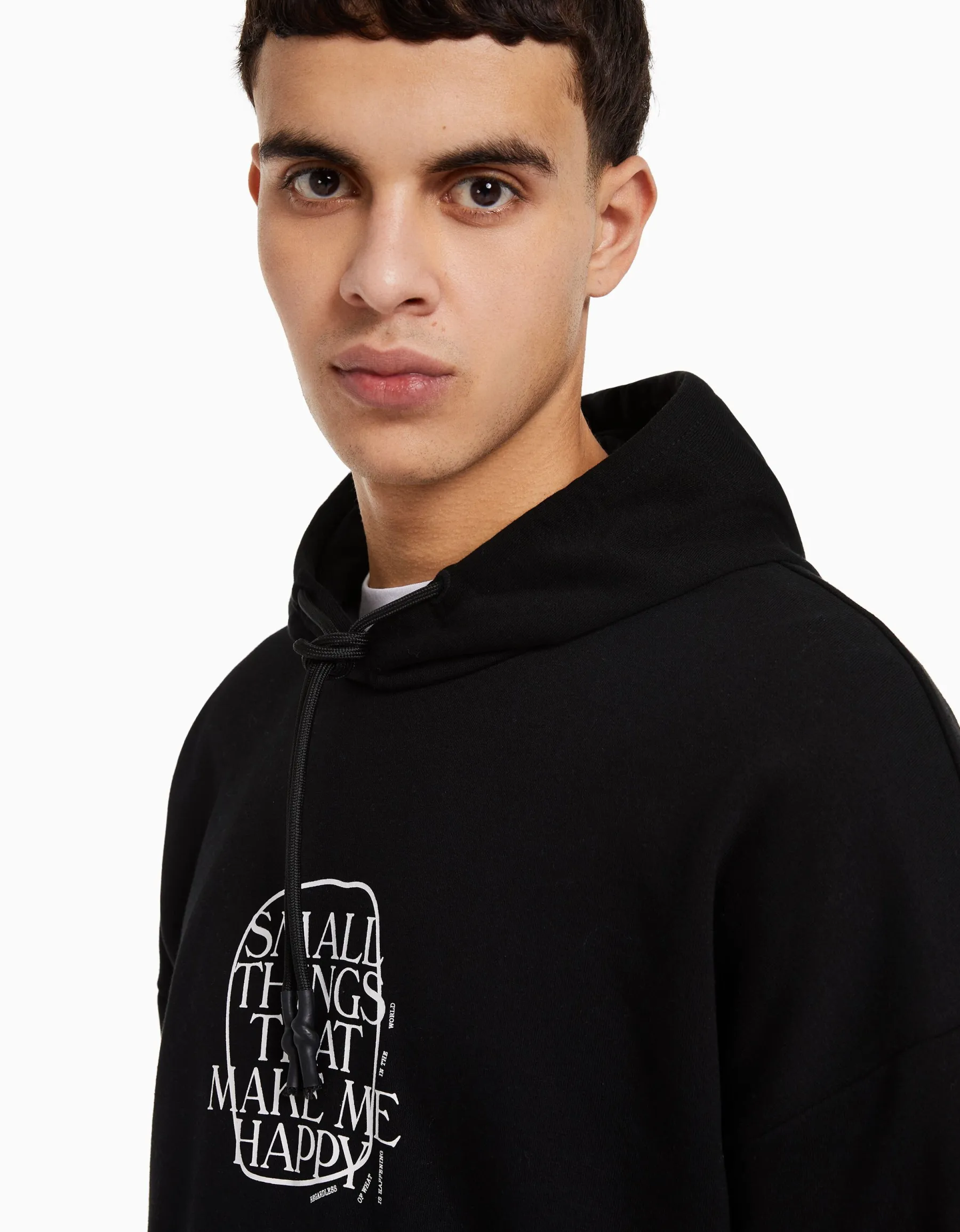 BERSHKA Sweat capuche easy fit imprimé Noir Hot