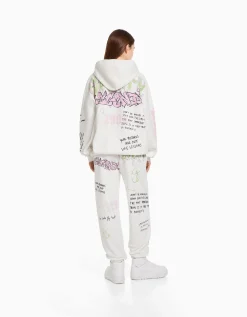 BERSHKA Sweat capuche imprimé Blanc cassé Clearance