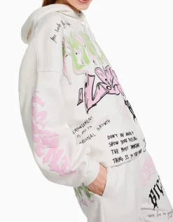 BERSHKA Sweat capuche imprimé Blanc cassé Clearance