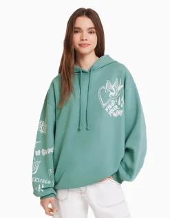 BERSHKA Sweat capuche imprimé Vert Cheap