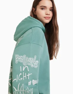 BERSHKA Sweat capuche imprimé Vert Cheap