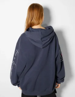 BERSHKA Sweat capuche imprimé Bleu foncé Best Sale