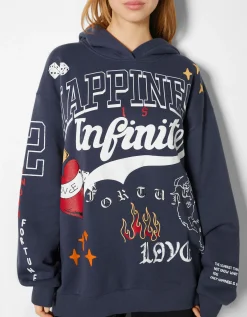 BERSHKA Sweat capuche imprimé Bleu foncé Best Sale