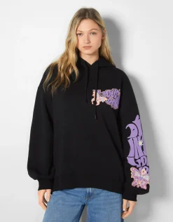 BERSHKA Sweat capuche imprimé Noir Sale