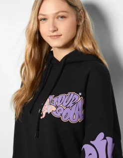 BERSHKA Sweat capuche imprimé Noir Sale