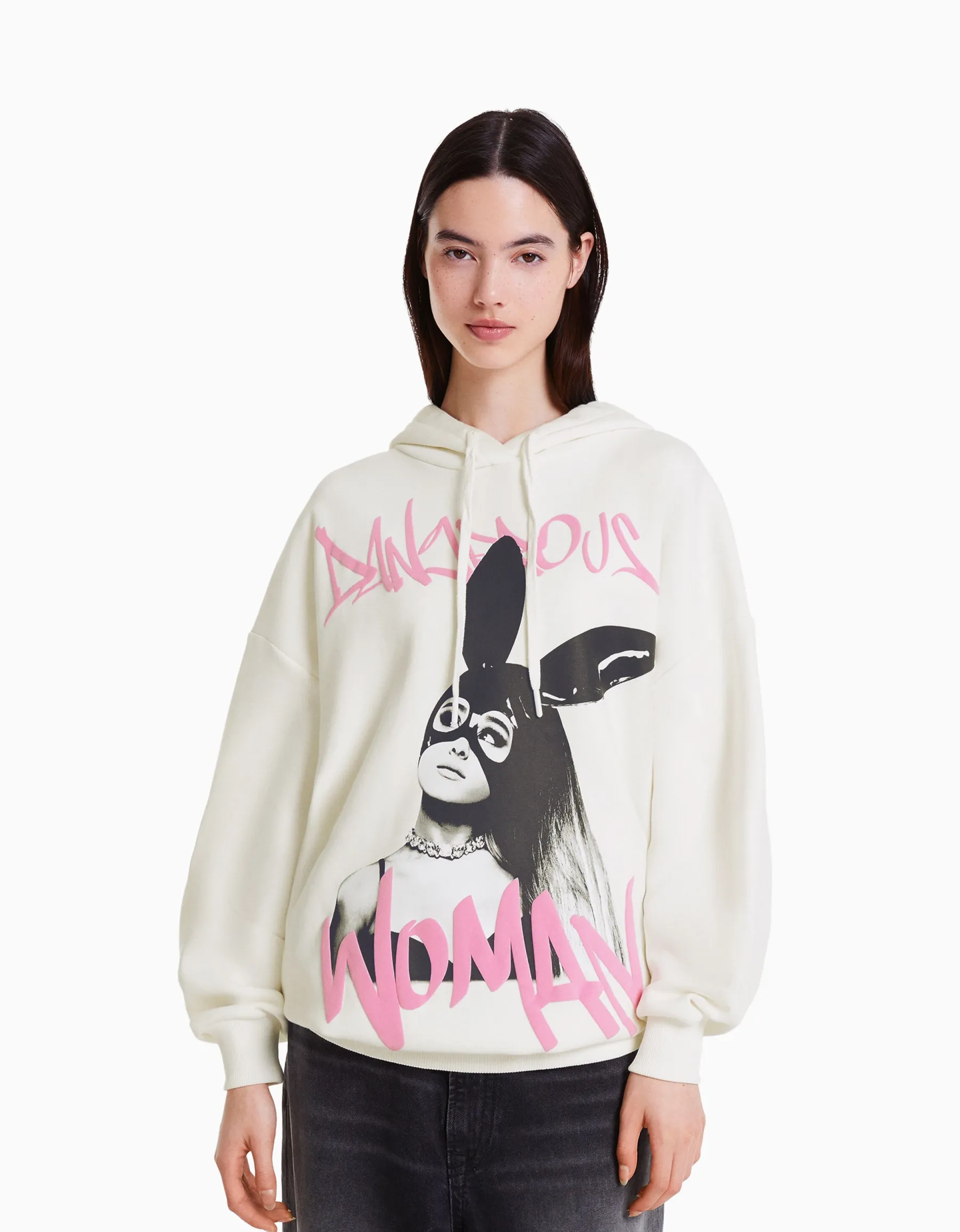 BERSHKA Sweat capuche imprimé Ariana Grande Blanc cassé New