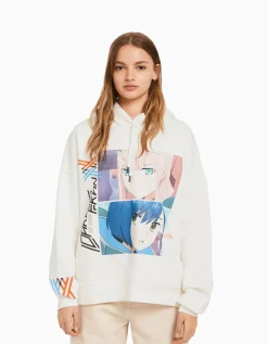 BERSHKA Sweat capuche imprimé Darling in the Franxx Blanc cassé Cheap