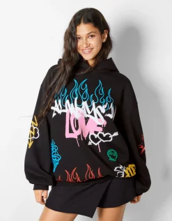 BERSHKA Sweat capuche imprimé graffiti Noir Best
