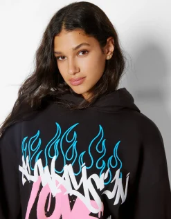 BERSHKA Sweat capuche imprimé graffiti Noir Best