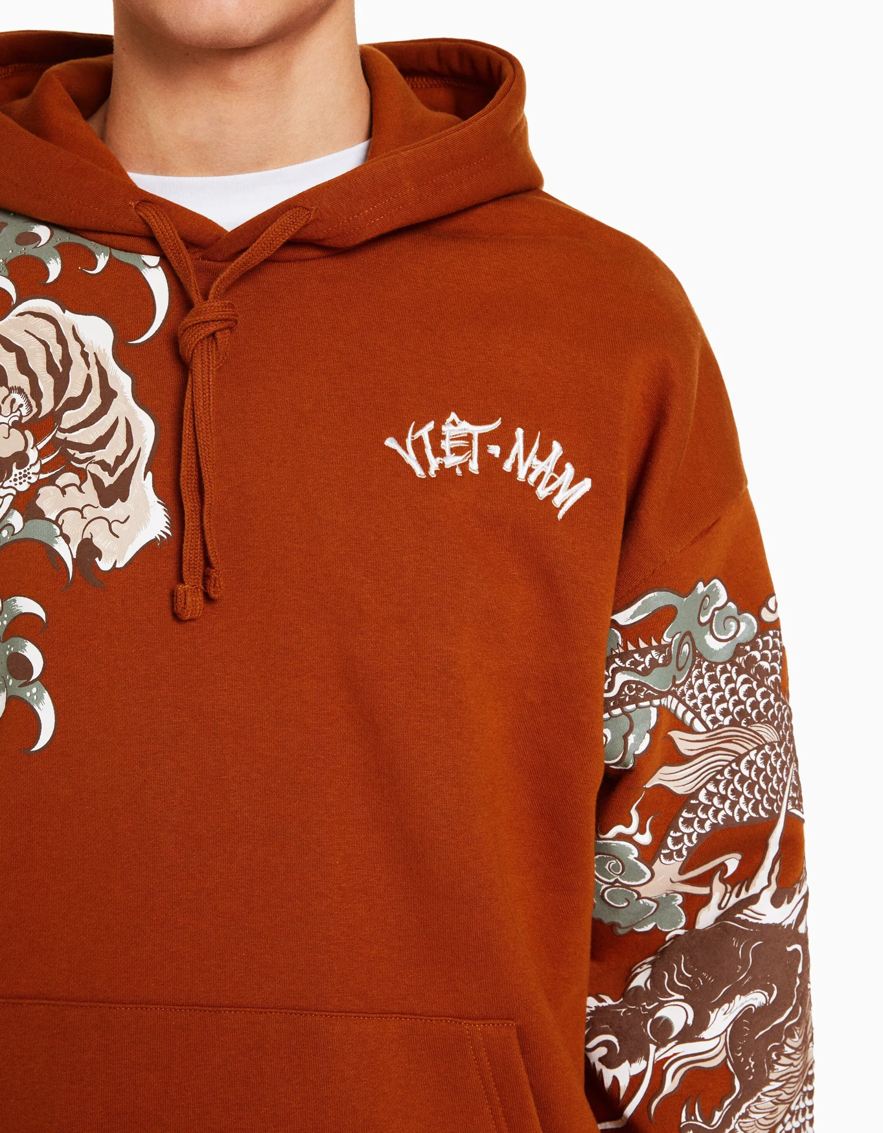 BERSHKA Sweat capuche imprimé tigre Camel Cheap