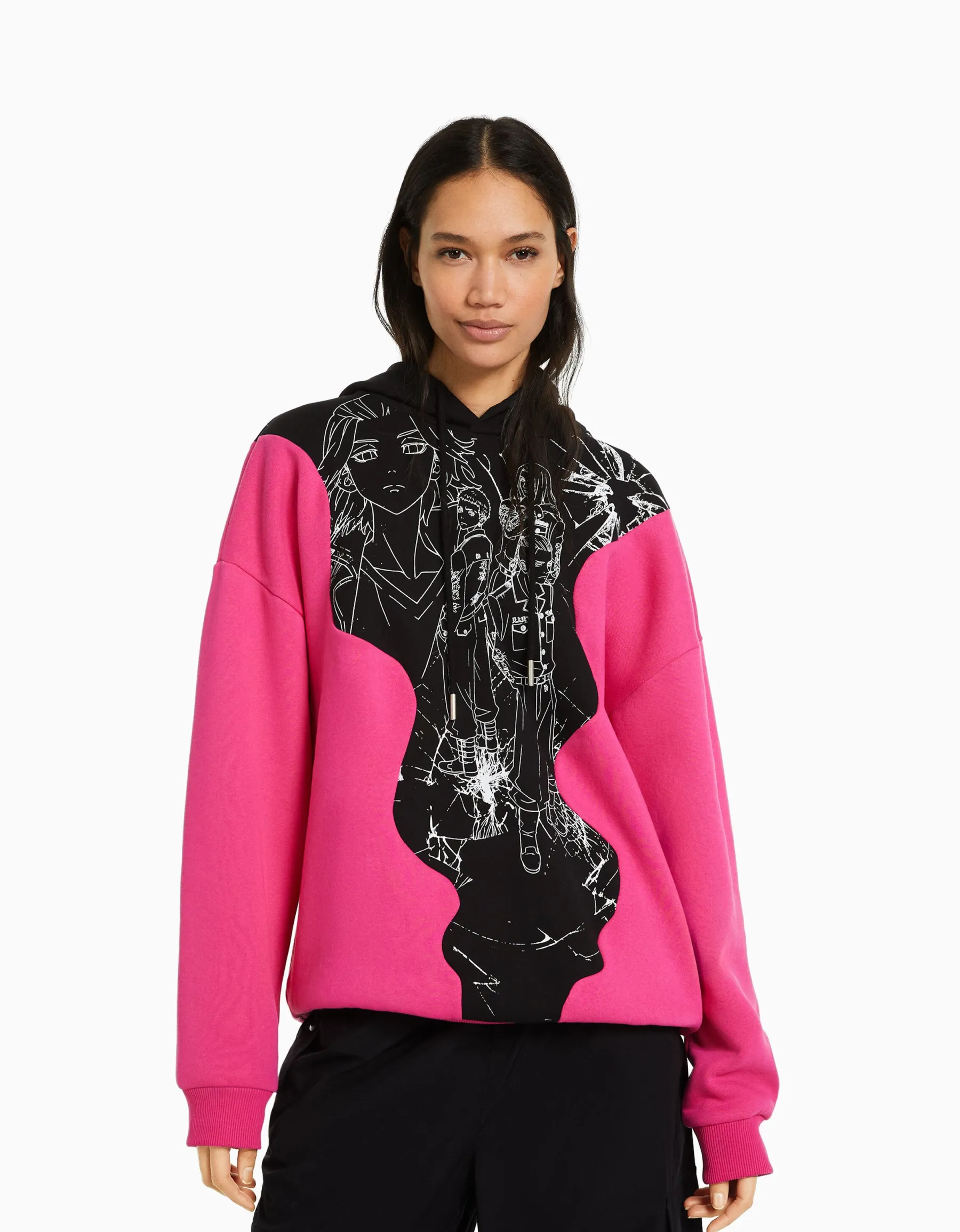 BERSHKA Sweat capuche imprimé TOKYO REVENGERS Fuchsia Outlet