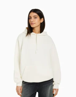 BERSHKA Sweat capuche oversize Blanc cassé Sale